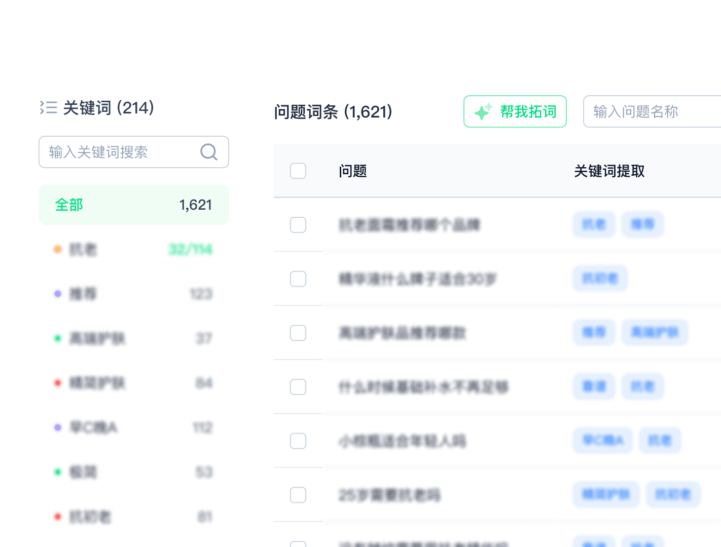 Keyword and question-entry management interface